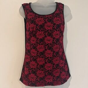 Vtg Tank Top Sz S Made USA Red Black Gothic Romantic Embroidered Floral Stretch